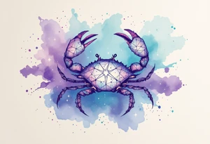 Violet and turquoise watercolor splash behind the Cancer stars constellation, with the crab subtly hidden in the background. tattoo idea