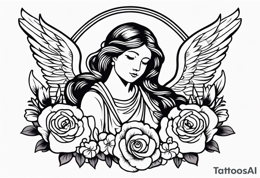 angel vintage tattoo style old school traditional bold color simple with flowers surrounded tattoo idea