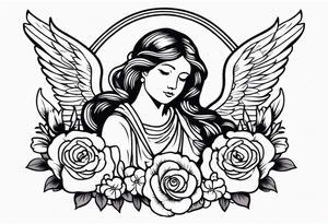 angel vintage tattoo style old school traditional bold color simple with flowers surrounded tattoo idea