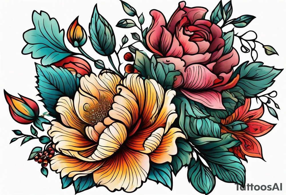 vintage colorful floral print tattoo idea
