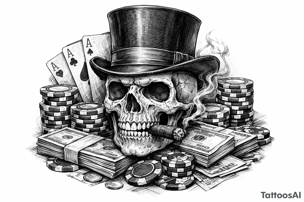 skull with cigar in his mouth,top-hat surrounded by poker-chips,paying cards and money. tattoo idea
