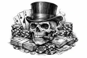 skull with cigar in his mouth,top-hat surrounded by poker-chips,paying cards and money. tattoo idea