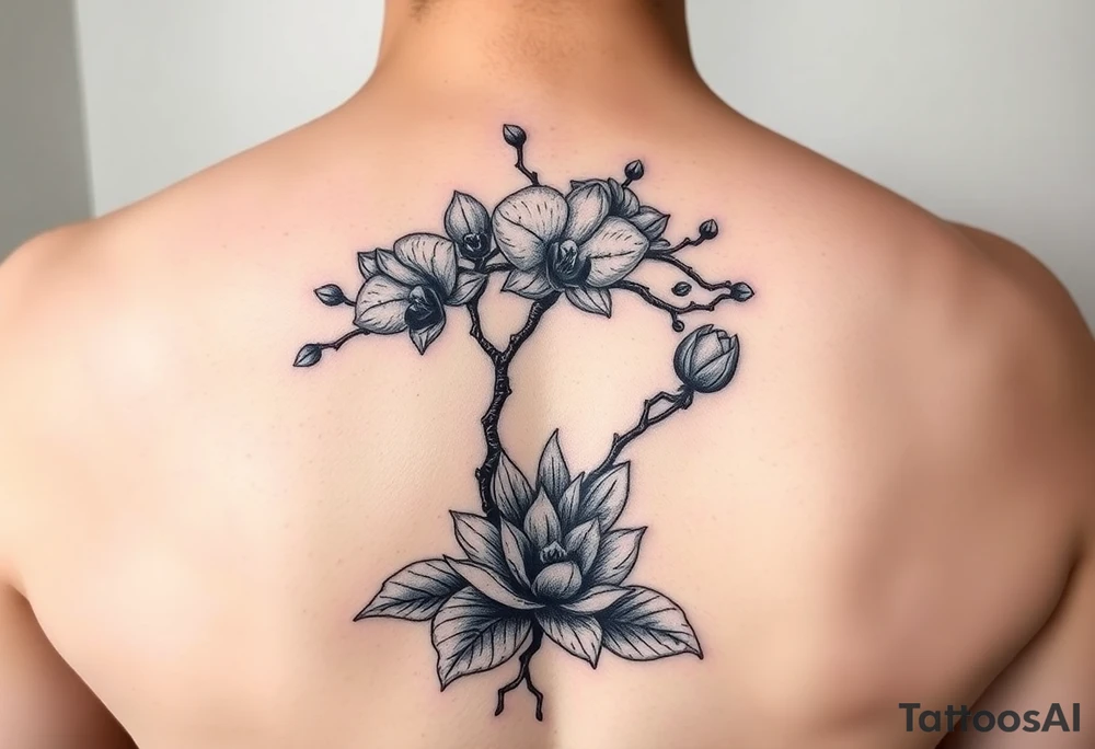 Orchid or cherry blossom tree and lotus tattoo idea