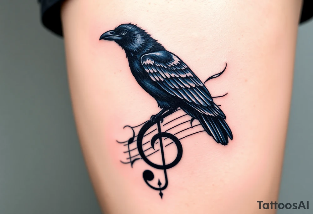 A crow perched on a distorted music note, with dark blues and blacks, symbolizing freedom and mystery in metal music. tattoo idea