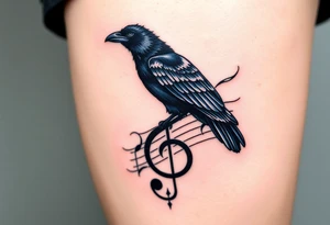 A crow perched on a distorted music note, with dark blues and blacks, symbolizing freedom and mystery in metal music. tattoo idea