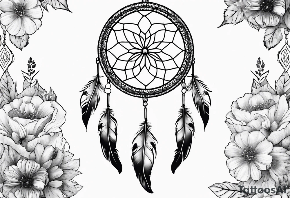 Dream catcher with queen anns lace flowers hanging from the bottom tattoo idea