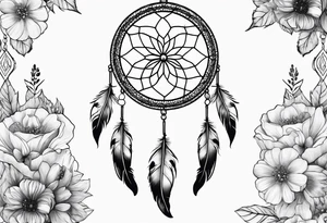 Dream catcher with queen anns lace flowers hanging from the bottom tattoo idea