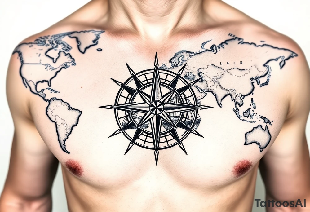 antique compass rose overlaid on weathered world map with sailing ships tattoo idea