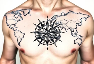 antique compass rose overlaid on weathered world map with sailing ships tattoo idea