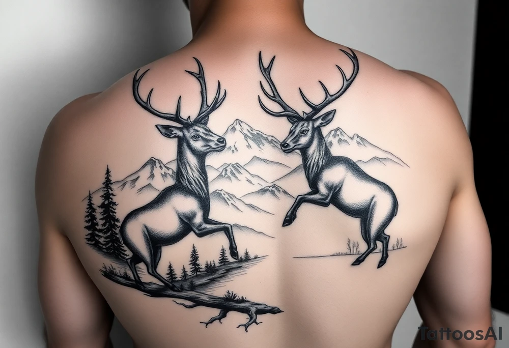 FOREARM tattoo Black and grey realism Nature scene with two stags fighting in the foreground include mountains water and trees tattoo idea