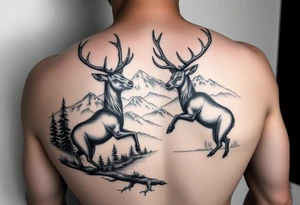 FOREARM tattoo Black and grey realism Nature scene with two stags fighting in the foreground include mountains water and trees tattoo idea