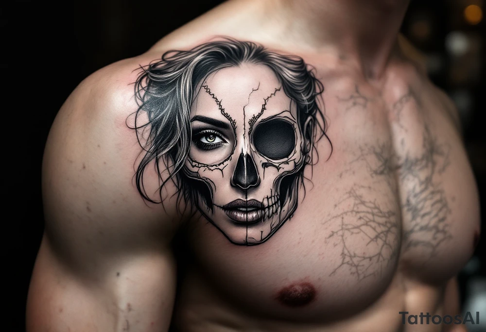 Half female half skull portrait tattoo tattoo idea