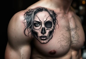 Half female half skull portrait tattoo tattoo idea