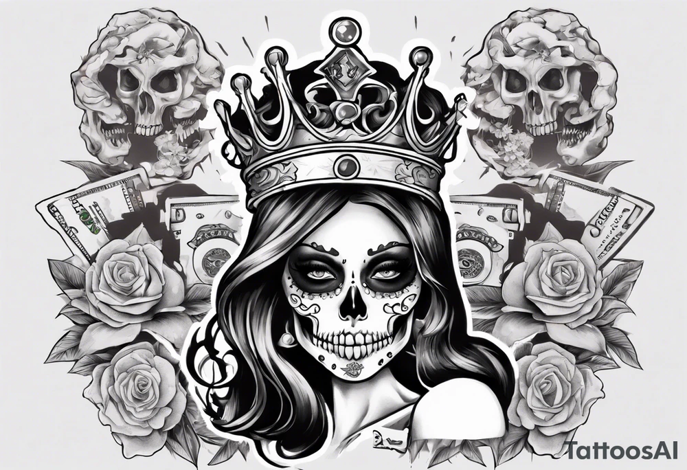 santa la muerta with money and crown
on the card tattoo idea