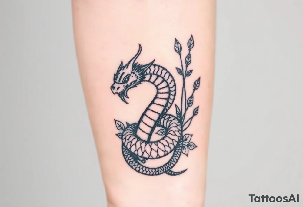 Large mythical serpent near plants tattoo idea