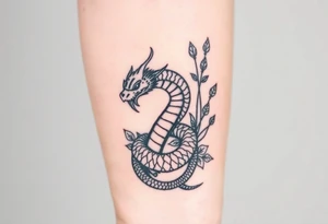 Large mythical serpent near plants tattoo idea