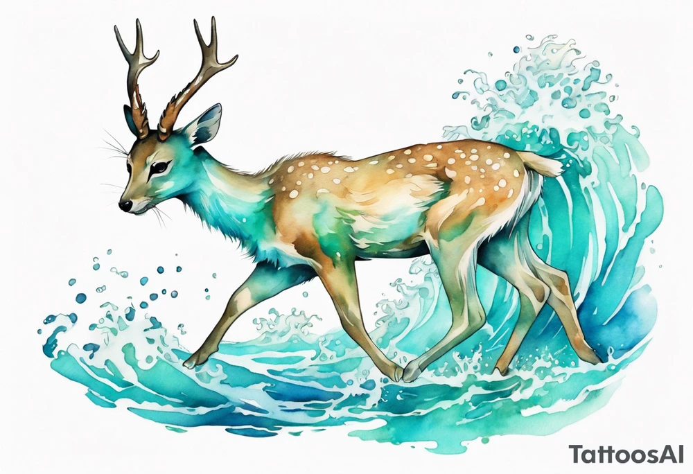 a turquoise water deer emerging from the sea tattoo idea