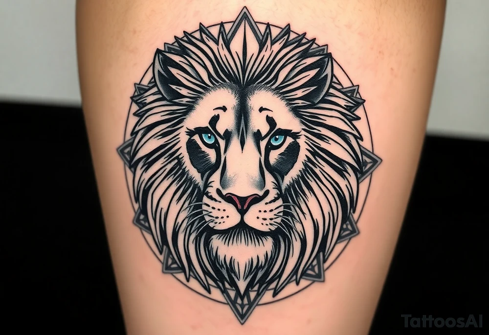 Lions face with big flowy mane in a more realism style. Placement is on the back of the leg. Blend elements of curiosity and exploration through nature elements (forest, water, etc). Also add in geometric patterns around the lion. Make the eyes blue. Hide the date 03.12.2025 in Roman numerals somewhere in the geometric patterns. Think real hard and creatively tattoo idea