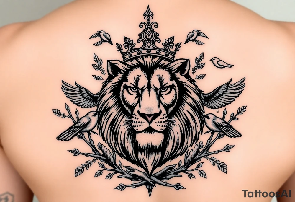 powerful majestic lion with a crown, surrounded by thorns and forestry ornaments and birds tattoo idea
