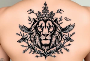 powerful majestic lion with a crown, surrounded by thorns and forestry ornaments and birds tattoo idea
