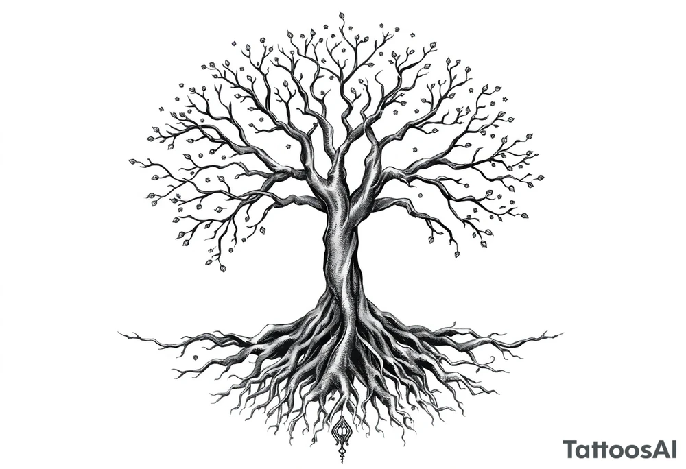mystical tree of life with cosmic roots and celestial branches tattoo idea
