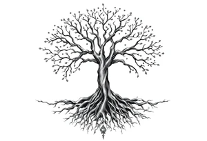 mystical tree of life with cosmic roots and celestial branches tattoo idea
