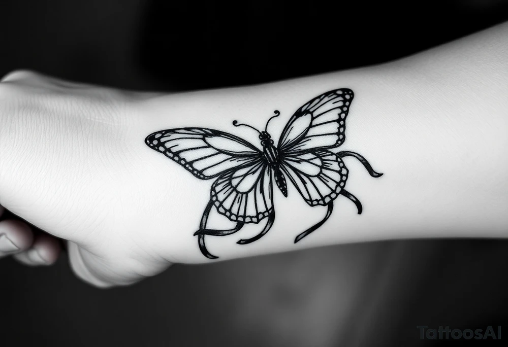 ethereal butterfly with flowing silk ribbons in moonlight tattoo idea