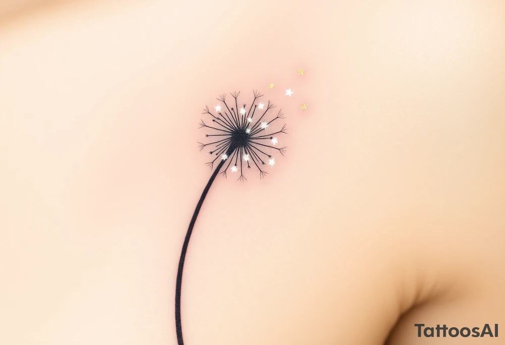 A dandelion releasing tiny seeds that turn into glowing stars, with a soft white and golden glow, symbolizing dreams and wishes for the child’s future. tattoo idea