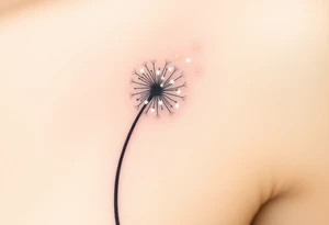 A dandelion releasing tiny seeds that turn into glowing stars, with a soft white and golden glow, symbolizing dreams and wishes for the child’s future. tattoo idea