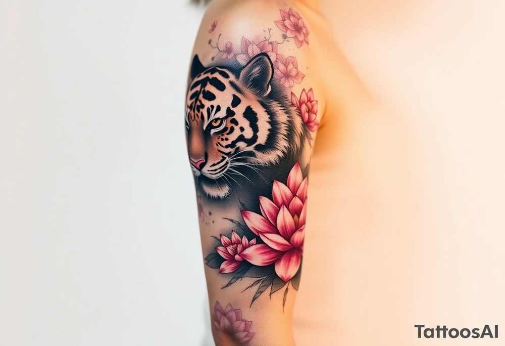 fierce tiger emerging through blooming lotus flowers in mist tattoo idea