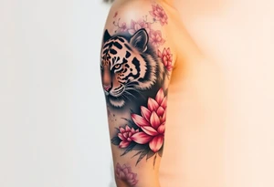 fierce tiger emerging through blooming lotus flowers in mist tattoo idea