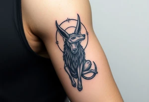 An Anubis with a Halo – Blending Egyptian mythology with Christian spirituality, symbolizing protection and righteousness. tattoo idea