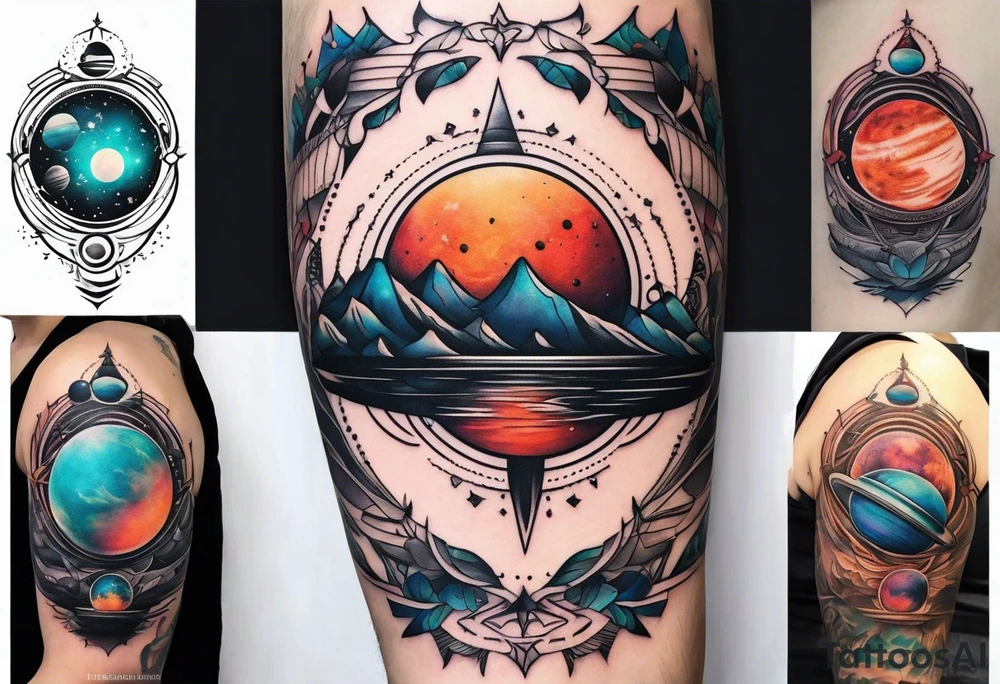 Thin line with planets around it tattoo idea
