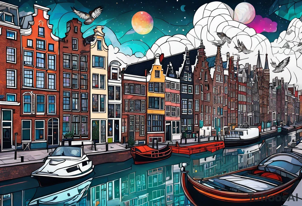 White tiger, deer stag and birds with pineapples featuring Amsterdam buildings and canal in galaxy colours and Amsterdam buildings and canal in space tattoo idea