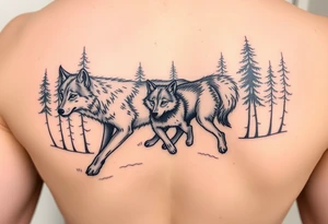 two wolves, an adult and a cub, running into a forest tattoo idea