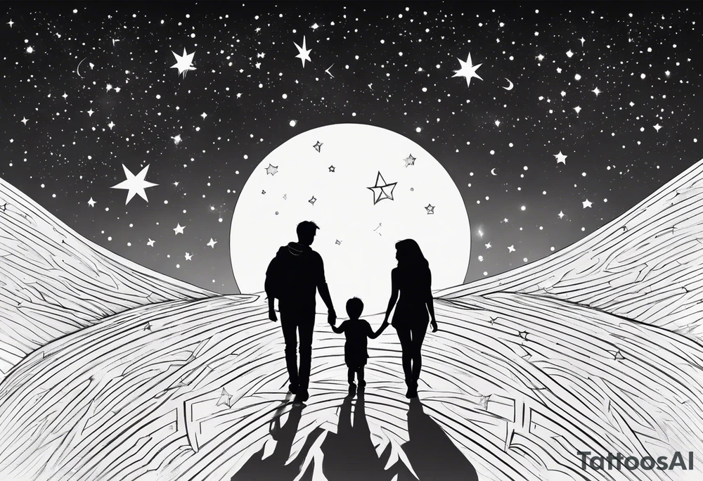 1 mom 1 dad and 1 little kid walking looking the stars tattoo idea