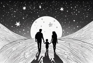 1 mom 1 dad  and 1 little kid walking looking the stars tattoo idea