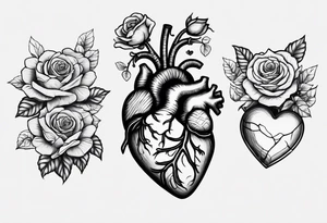 Anatomical heart with roses, violets, and daises coming out of the top of the head vessels with roots coming through the cracks to hold the heart together tattoo idea