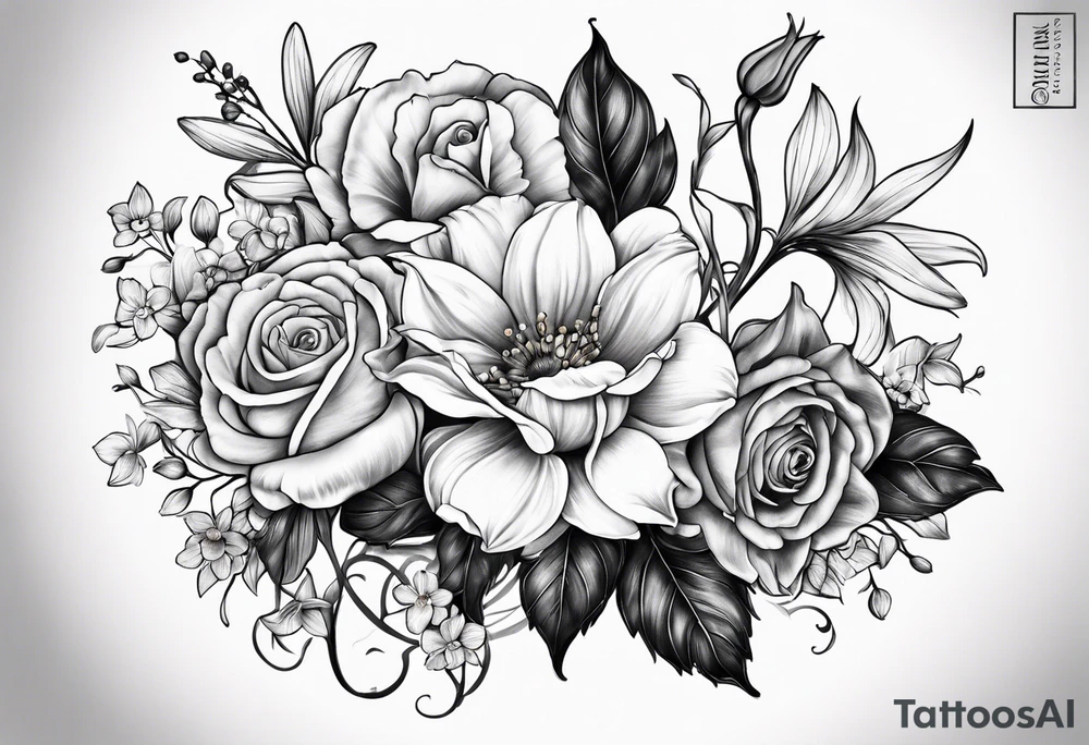 Two roses, two daisies, one daffodil, one chrysanthemum, one gladiolus, one lily of the valley tattoo idea