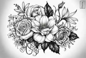 Two roses, two daisies, one daffodil, one chrysanthemum, one gladiolus, one lily of the valley tattoo idea