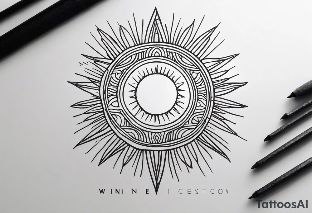 a mixture of minimalist/fine line/tribal tattoo design that is mainly minimalist with fine lines. unique Design of the sun that resembles a connection to the sun. It further resembles the sun's energy. Make it simple to draw and focus on the rays of sunshine
unique shape tattoo idea