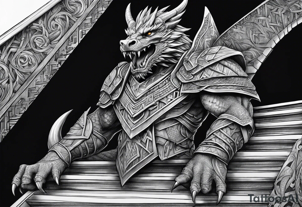 Valhalla sword shield dragon axe Valknut stairs tattoo idea