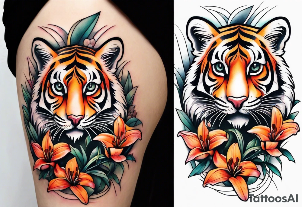 puffin tiger lillies vertical calf tattoo tattoo idea