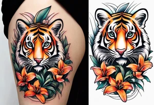 puffin tiger lillies vertical calf tattoo tattoo idea