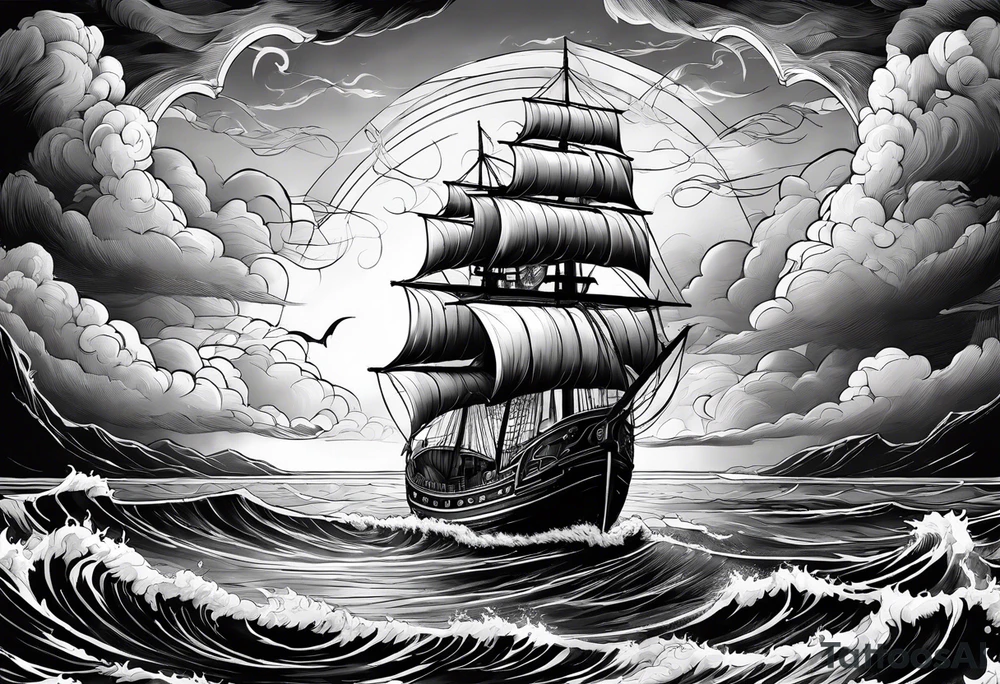fairy Ship on the sea with storm clouds and lightning tattoo idea fairy Ship on the sea with storm clouds and lightning tattoo idea
