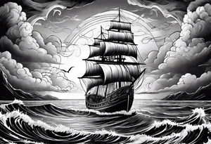 fairy Ship on the sea with storm clouds and lightning tattoo idea