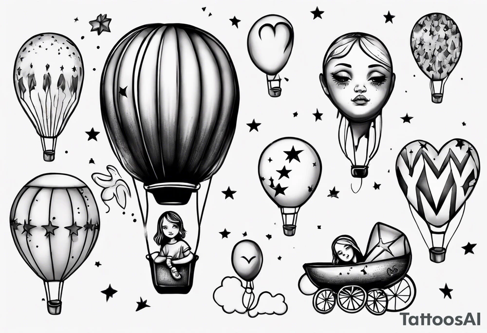 Hot water balloon with star and heart balloons and little girl inside dreaming tattoo idea