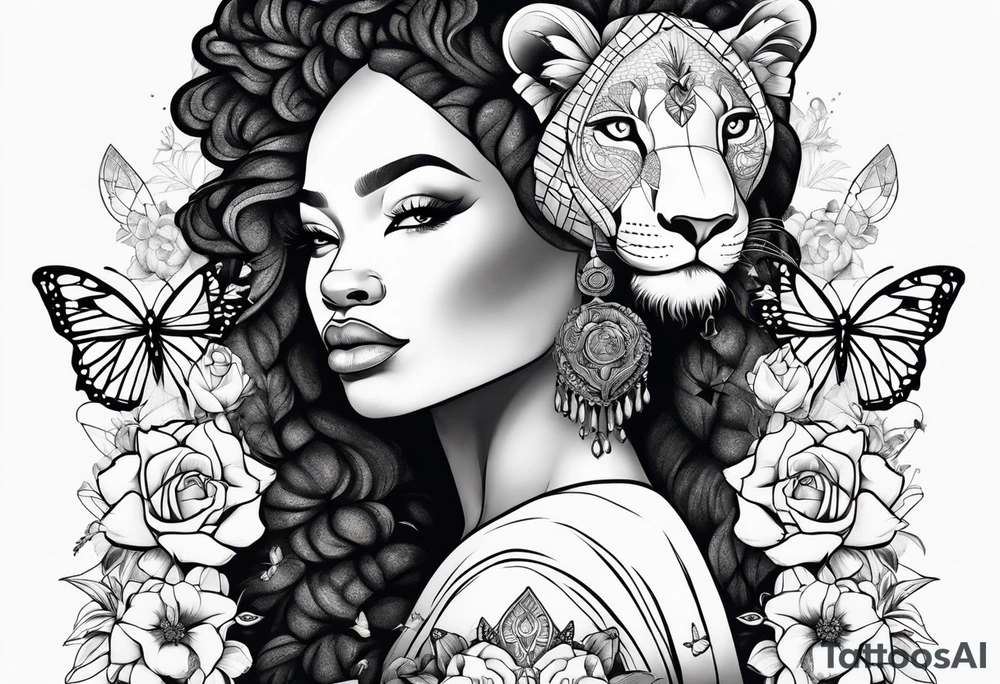 Nubian queen and lion with butterflies and flowers tattoo idea