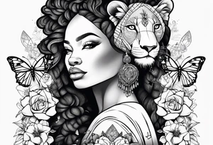 Nubian queen and lion with butterflies and flowers tattoo idea