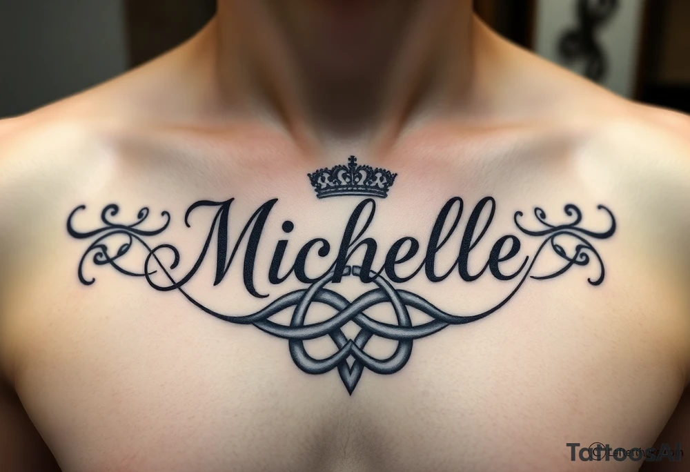 Design a tattoo for a man’s chest of a woman’s name (Michelle). There should be a claddagh and a Celtic knot entertwined. The bane Michelle should be in calligraphy and there should be a Celtic Irish tone tattoo idea